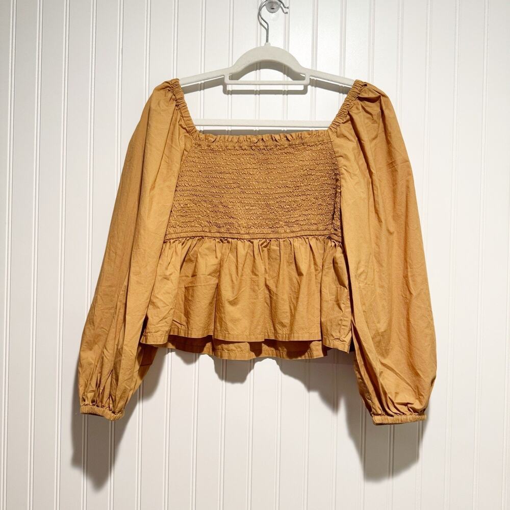 J Crew Tan Puff Sleeve Smocked Cotton Poplin Top Size XXL - Picture 7 of 7